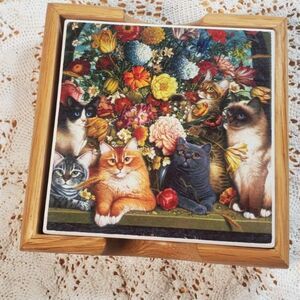 Cute Cat Coasters 4 in the set with Coaster Holder